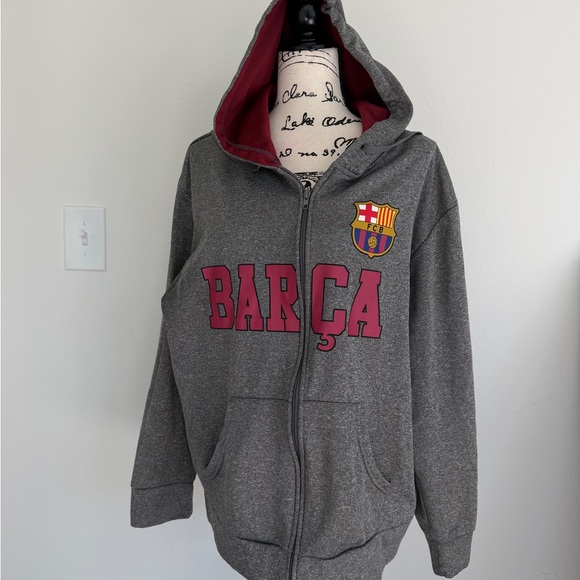 FC Barcelona Gray Marron Hoodie Kangaroo Pocket Sz Xl Fanatic soccer Streetwear - Picture 9 of 13